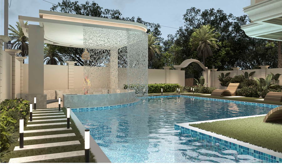 Common swimming pool at dusk with a curved white pergola, illuminated mosaic water wall and sun loungers