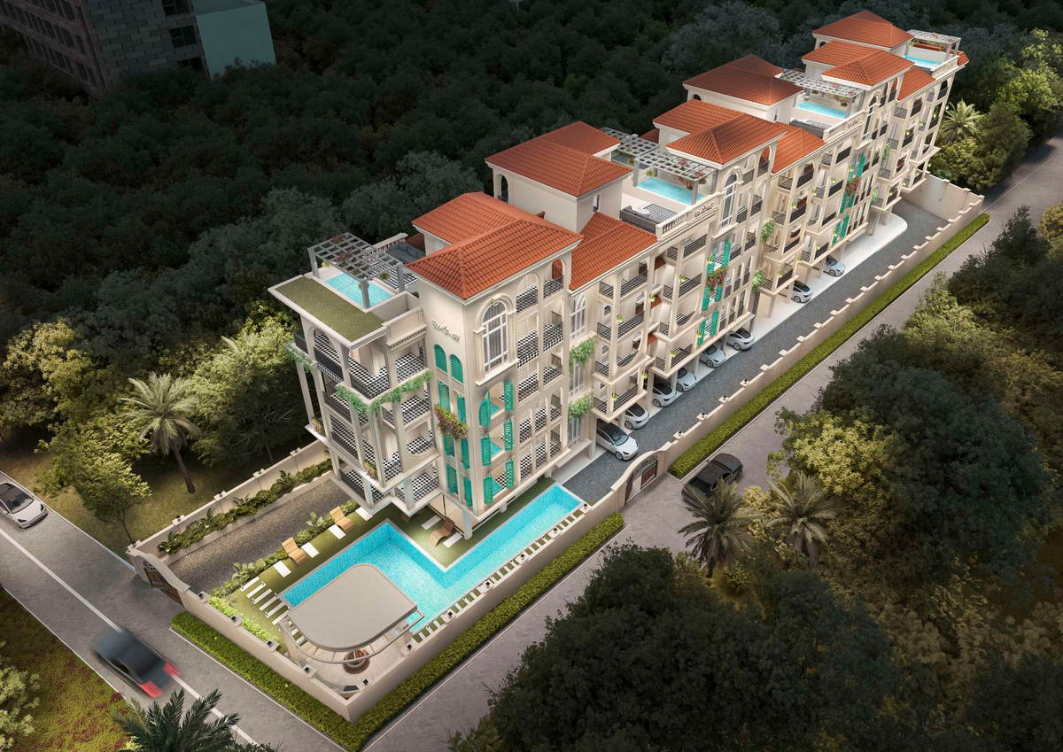 Aerial render of the development showing the linear block, private terrace pools and the common pool