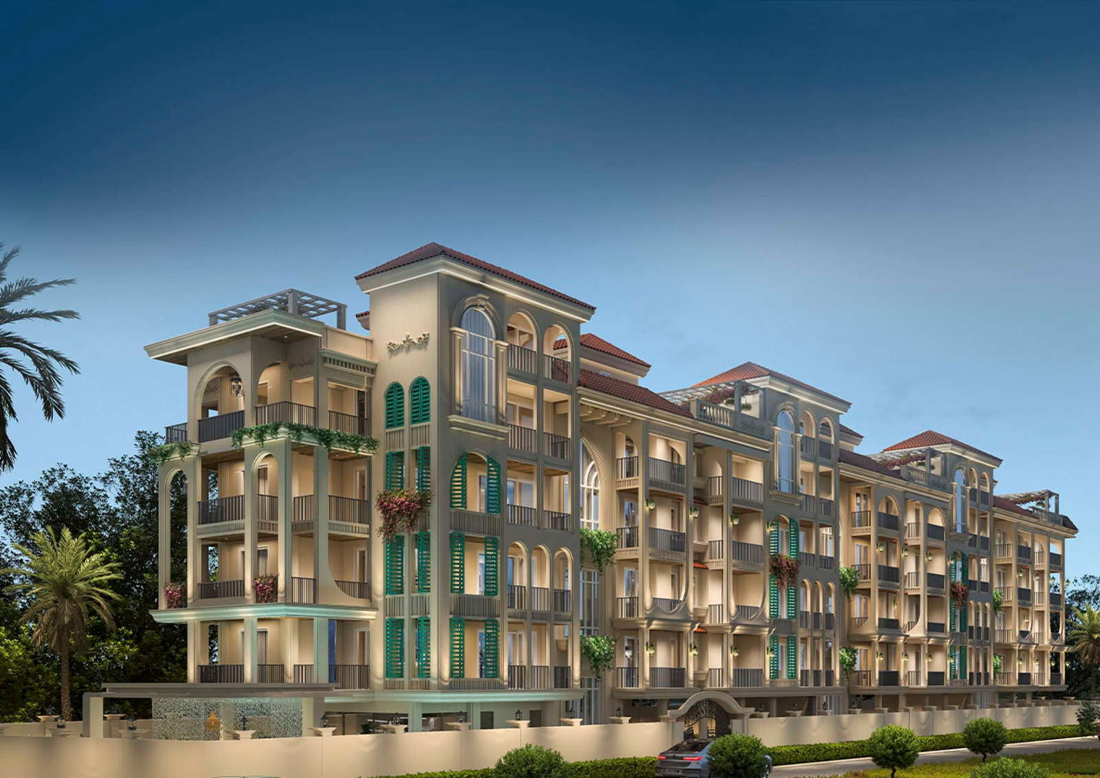 Render of the Avira development in Siolim, a four-storey building in cream stucco with terracotta roofs and green louvred shutters