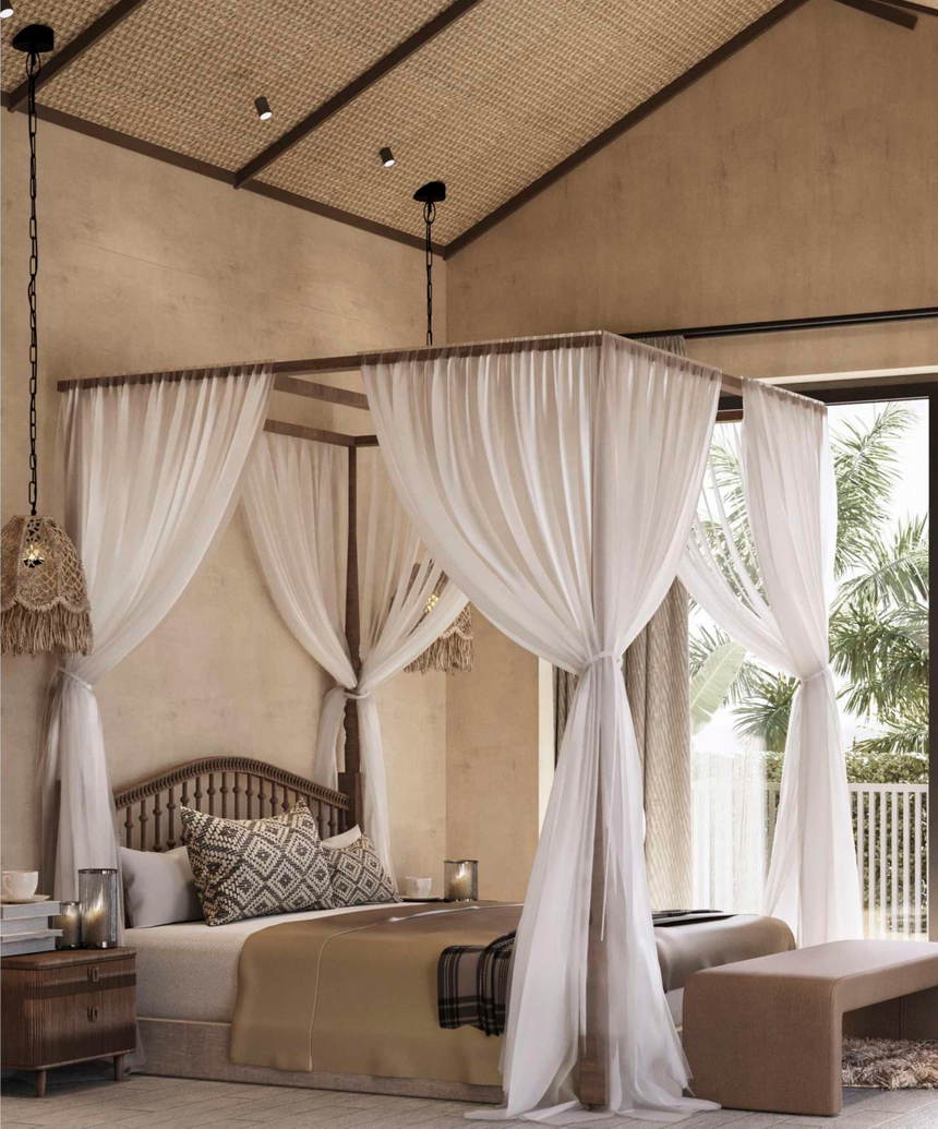 Bedroom with a four-poster bed under a pitched cane-panelled ceiling, opening to a palm-filled view