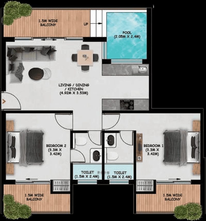 Floor plan of the centre 2 BHK unit showing living, dining and kitchen, two bedrooms, two toilets, three balconies and a private plunge pool