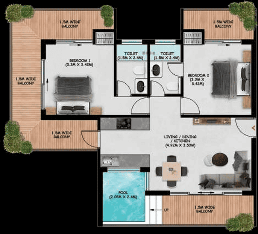 Floor plan of the corner 2 BHK unit with two bedrooms on a two-side-open corner, two toilets, four wraparound balconies and a private plunge pool