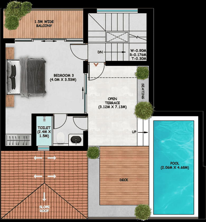 Upper level of the centre penthouse: third bedroom, toilet, open terrace, deck and rooftop pool