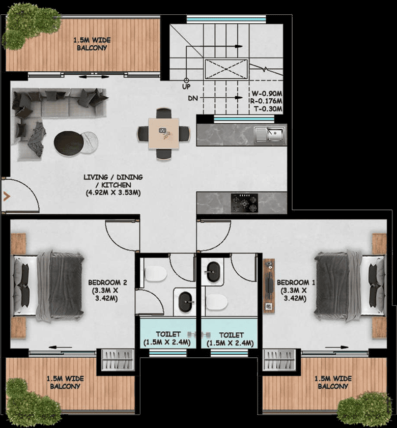 Lower level of the centre penthouse: living, dining and kitchen, two bedrooms, two toilets and the stair up