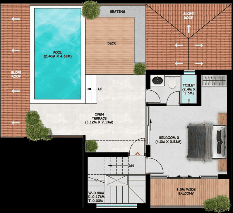 Upper level of the corner penthouse: third bedroom, open terrace, deck, seating and the largest rooftop pool