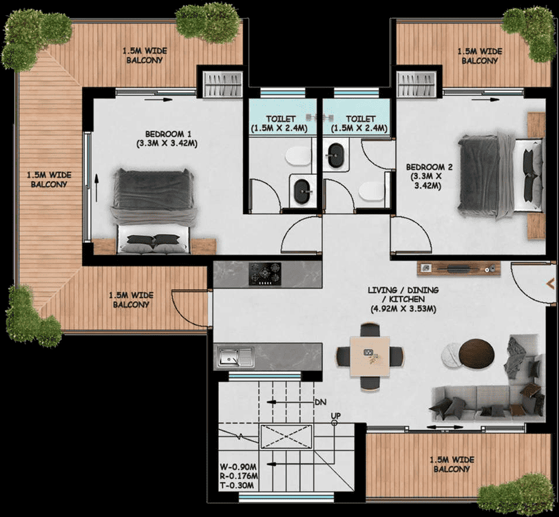 Lower level of the corner penthouse: living, dining and kitchen, two bedrooms, two toilets and wraparound balconies