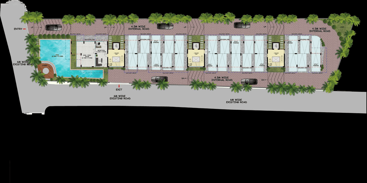 Site plan of the whole plot showing the entry, common pool, the linear run of three blocks, stilt parking and the internal road