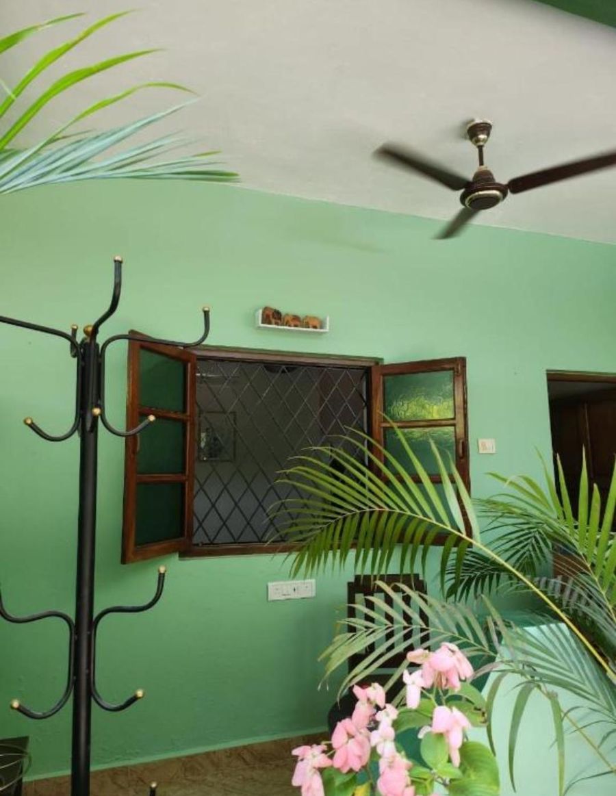 The veranda: mint-green walls, a wooden window, a coat stand, potted palms and pink flowers under a ceiling fan