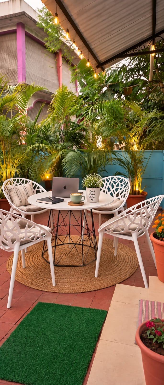 Courtyard seating: a white round table with four white chairs on a jute rug, surrounded by potted palms and string lights