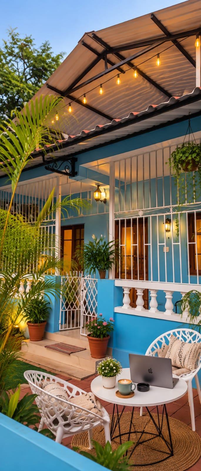 The front of the studio: a sky-blue house with white railings and a tiled veranda under string lights, with a table and chairs outside